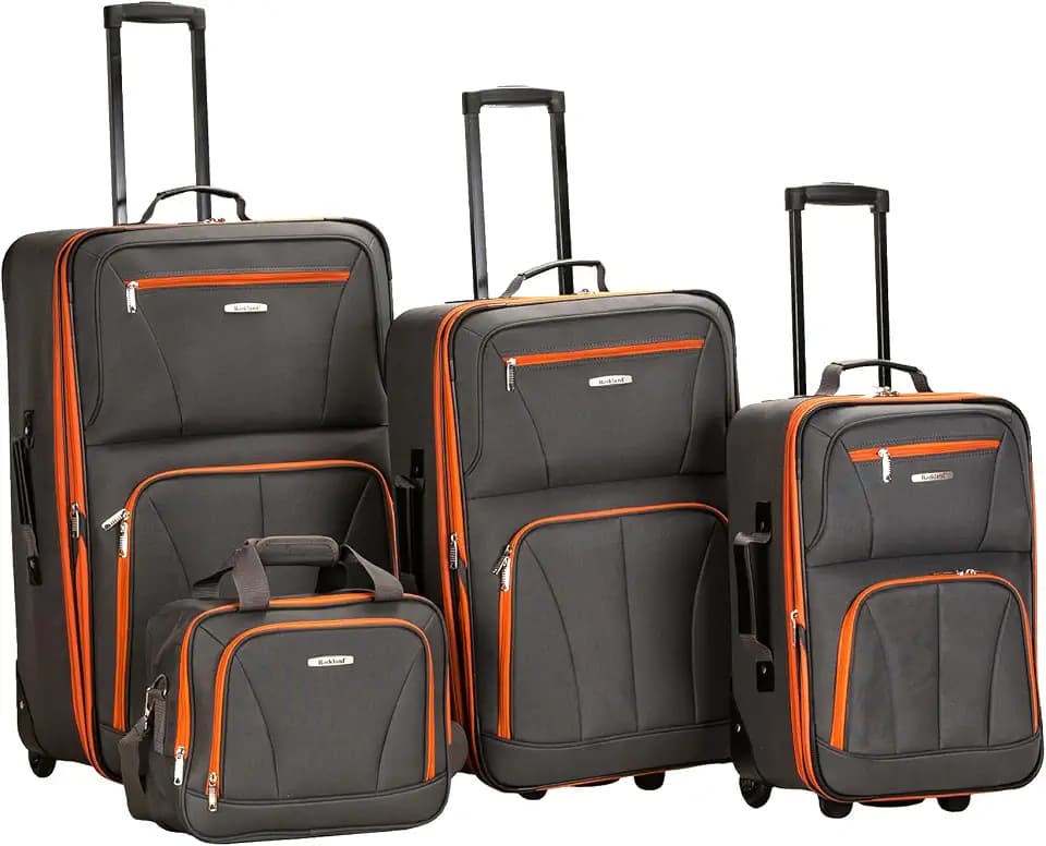 Rockland Fashion Softside 4 Piece Luggage Set, Expandable, (14" Tote/19"/24"/28"), Charcoal