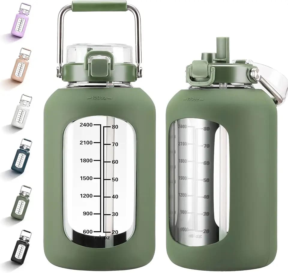 MUKOKO 100oz Glass Water Bottle with Time Marker and Silicone Sleeve 3L Large Water Jug with Stainless Steel Handle Gallon Drinking Bottle with 2-in-1 Lid Wide Mouth BPA Free, Oliver