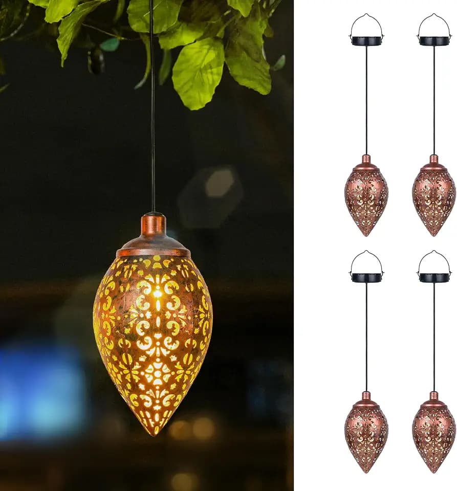 Görvitor Solarlampen für Außen Garten 4 Stück Hängend, Solarlaterne für Außen Hängend Vintage Metall, IP65 Wasserdicht Solar Laterne Warmlicht für Balkon Patio Garten, Gartengeschenke für Frauen
