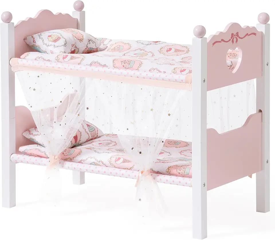 ROBOTIME Baby Doll Bunk Beds, Wooden Baby Doll Crib with Starry Curtain, Stackable Toy Crib for 18 Inch Dolls, Doll Bed Playset with Bedding Accessories, for Kids 3+ (Pink, 2 Pcs Beds)