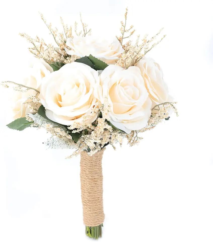 Wedding Romantic Bouquet Bridesmaid Artificial Flowers Handmade Vintage Bouquet (8in, Off-White)