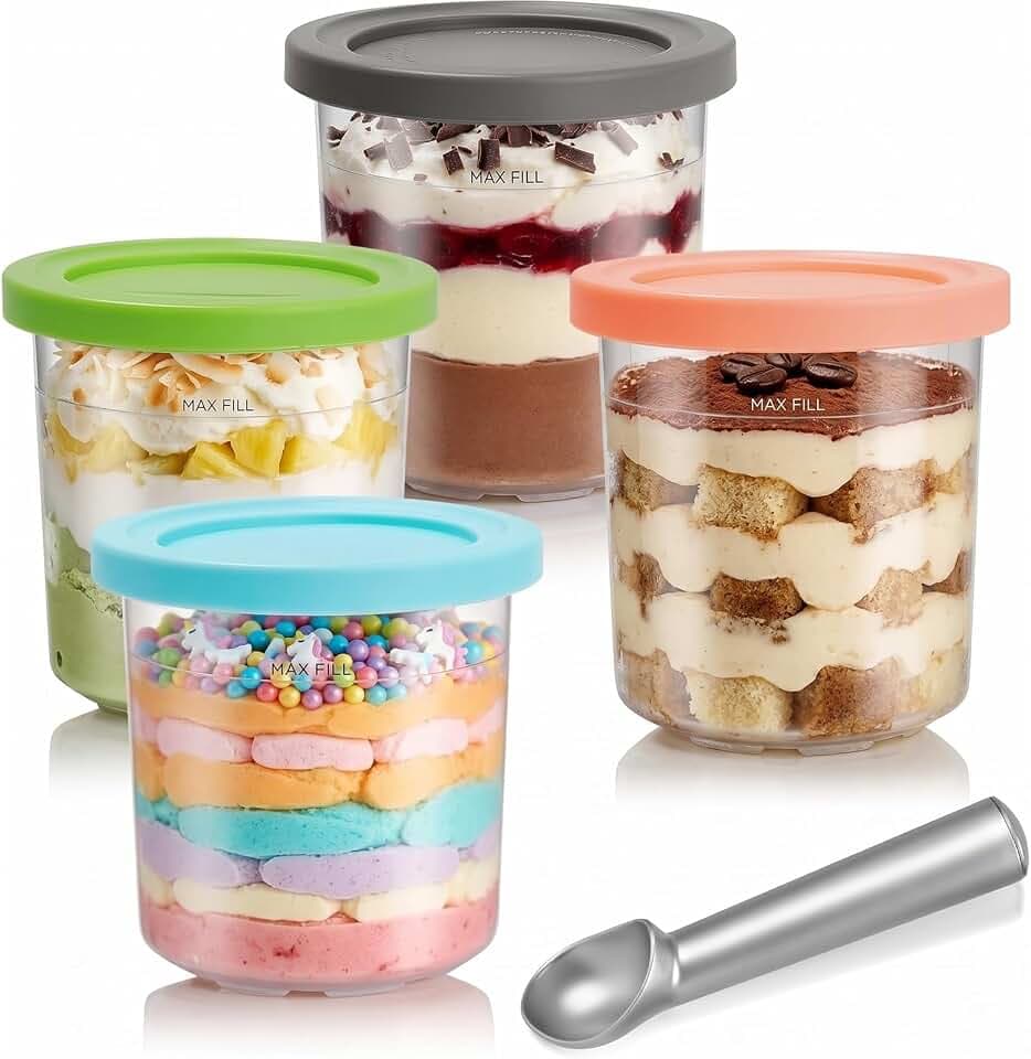 Behälter für Ninja Creami, 4 Stück Ersatzbecher & Deluxe Behälter Set, 500ml Becher mit Farbkappen, BPA-frei und Spülmaschinenfest, Kompatibel mit NC299AMZ & NC300s Serien