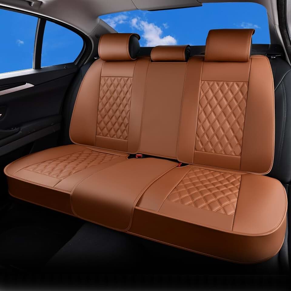 Huidasource Brown Back Seat Covers Universal Fit for Most Cars SUVs Trucks Compatible with Seat Belts, Child Safety Seats, Rear Seat Covers Nappa Leather Velcro Adjustable Seat Covers (Back Row/Brown)