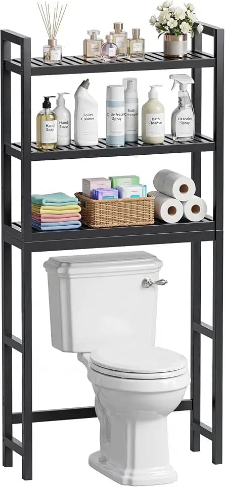 SMIBUY Badezimmer-Aufbewahrungsregal, Bambus-Über-der-Toilette-Organizer-Rack, freistehender WC-Platzsparer mit 3-stufigen verstellbaren Regalen (Schwarz)