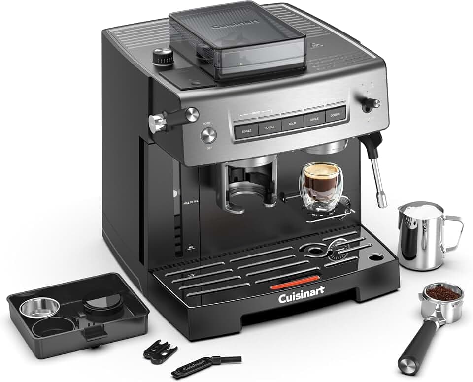 Cuisinart® Espresso-Maschine mit Mahl-, Tamp- und Brühfunktion | Espresso, Americano, Cold Brew | Integrierter Milchaufschäumer für Latte und Cappuccino | Von der Bohne in die Tasse | Edelstahl