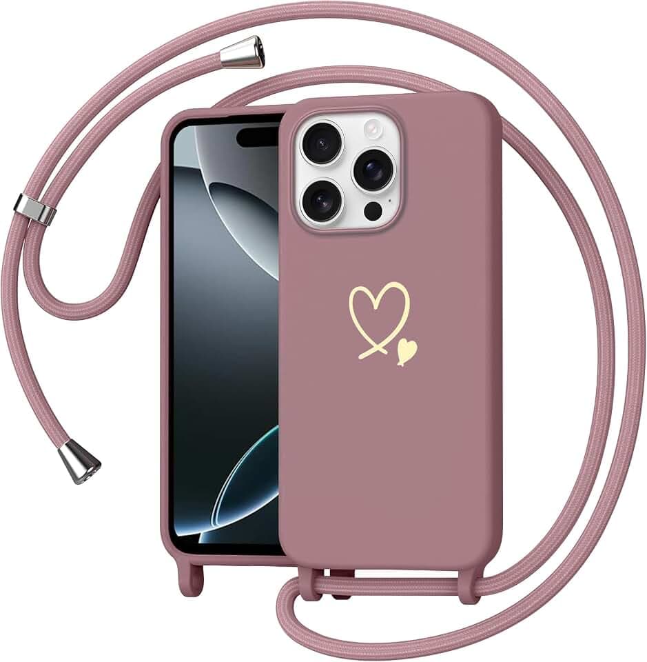 Handyband für iPhone 16 Pro Hülle mit Band, Herz Design Necklace Handyhülle zum Umhängen Kordel, Stoßfest Schutzhülle mit Kette, Weich TPU Liquid Silikon Case für iPhone 16 Pro, Rosa