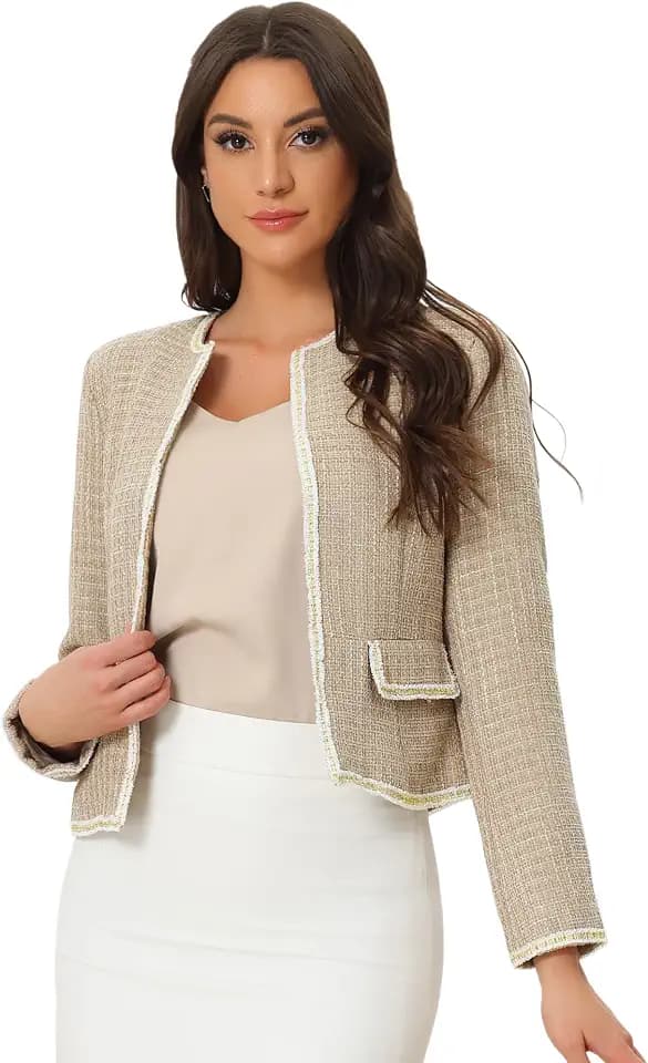 Allegra K Damen Langarm Kragenlos Kariert Vorne Offen Kurzer Arbeit Blazer Jacke Dunkel Blau
