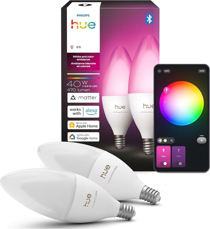 Philips Hue Smart LED Candle Light Bulb, B39, E12, 2-Pack