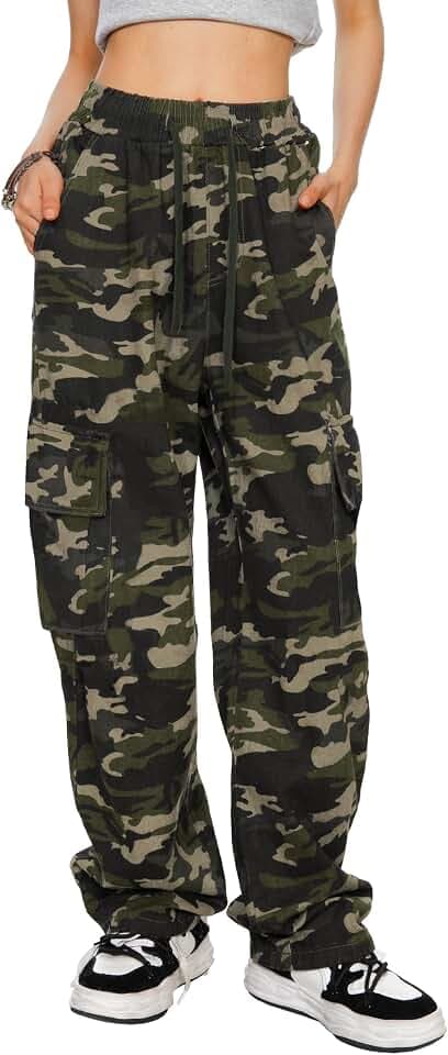 HVEPUO Camo Pants Women High Waisted Wide Leg Casual Camoflage Cargo Pants