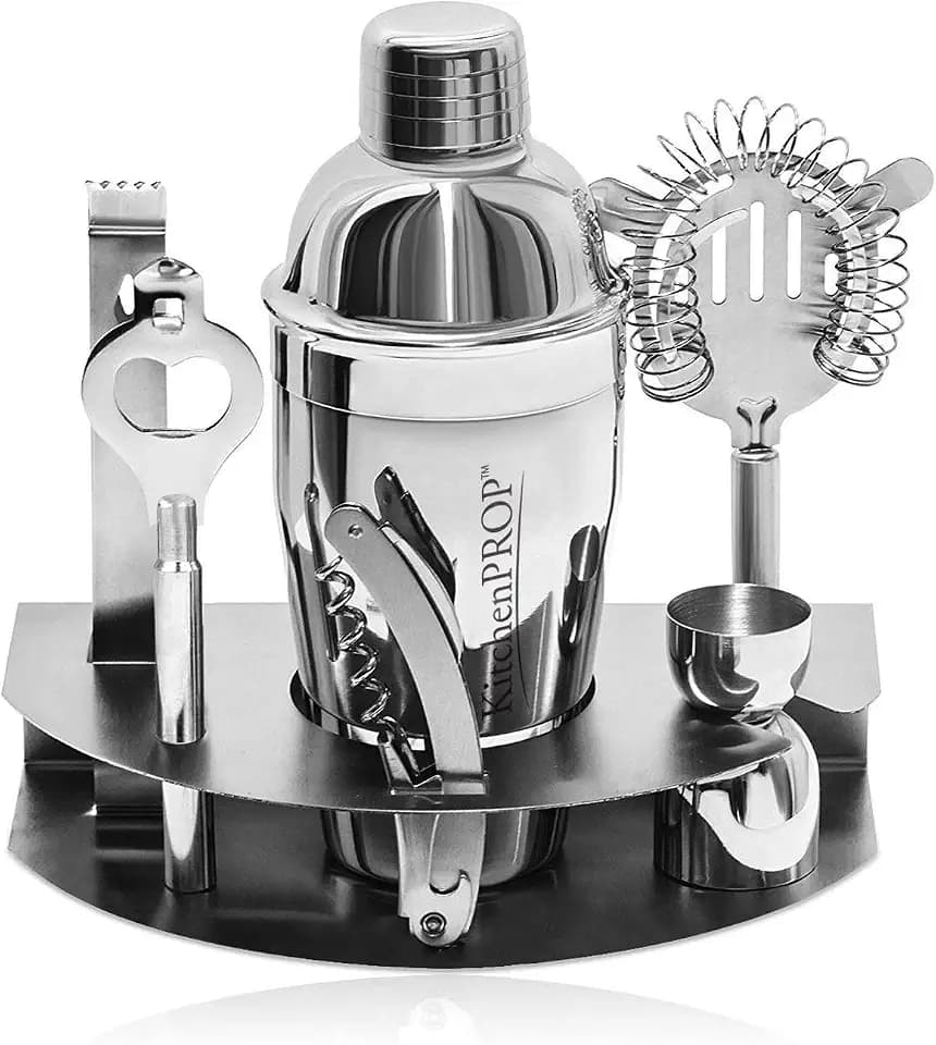 Kitchen Pro Stainless Steel Bar-Set, Edelstahl, 7-teilig, inklusive Rezeptbuch und Ständer, Cocktail-Shaker, Zange, Sieb, Korkenzieher, Flaschenöffner, Aufbewahrungsregal, Silber