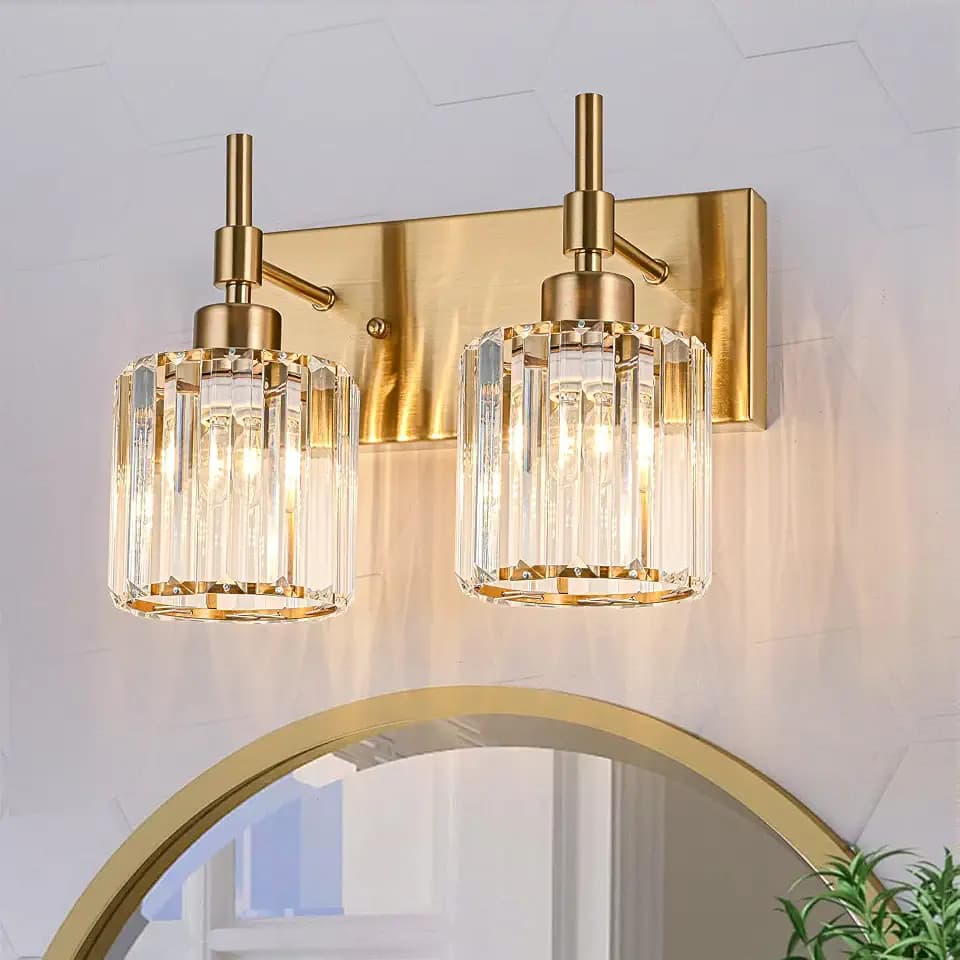 2 Light Modern Crystal Gold Vanity Light Fixtures for Bathroom Over Mirror