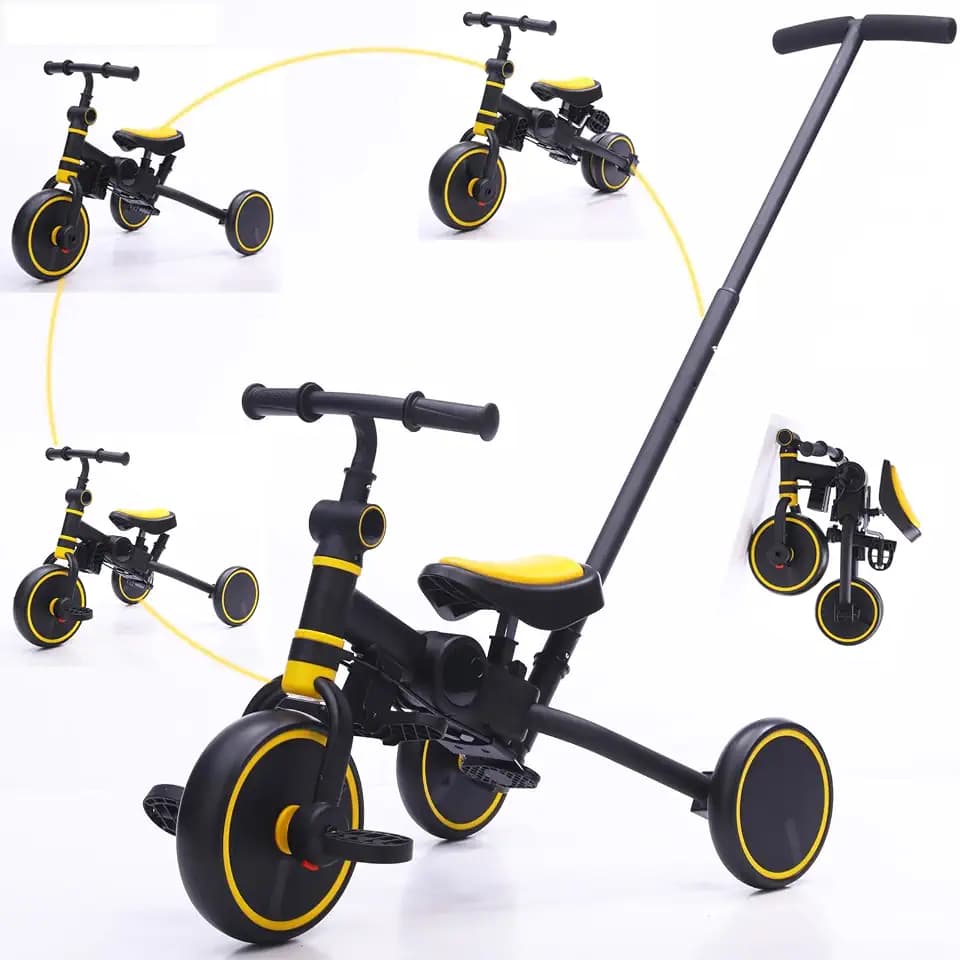 5 in 1 Kids Tricycle Balance Bike with Adjustable Push Handle, Convertible Toddler Trike, EVA Wheels, Ages 12 Months to 5 Years (Yellow)