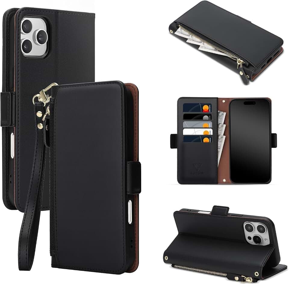 COBEAR for iPhone 16 Pro Case Wallet, Pu Leather Flip Phone Case with Wrist Strap, Zipper Pocket, Kickstand, Women Men Phone Wallet Case with Card Holder for iPhone 16 Pro,Black