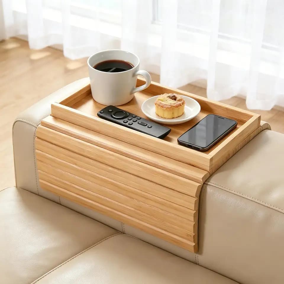 Natural Sofatablett Armlehne, Bambus Sofa Tablett Sofa Ablage, Faltbares Couch Tablett Armlehne, Rutschfestes Sofa Armlehnentablett Sofatablett, Tablett für Snacks, Telefon, Getränke, Tasse
