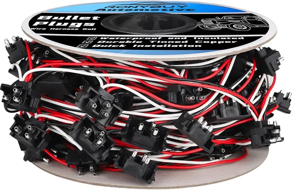100x 3 Wire Plugs, Triple Male Bullet Wire Harness Roll, Right Angle 18 Gauge 3 Prong Pigtail Harness for Stop Turn Tail Light, Trucks & Trailers, Continuous 100 Plugs, 10" Lead Spacing