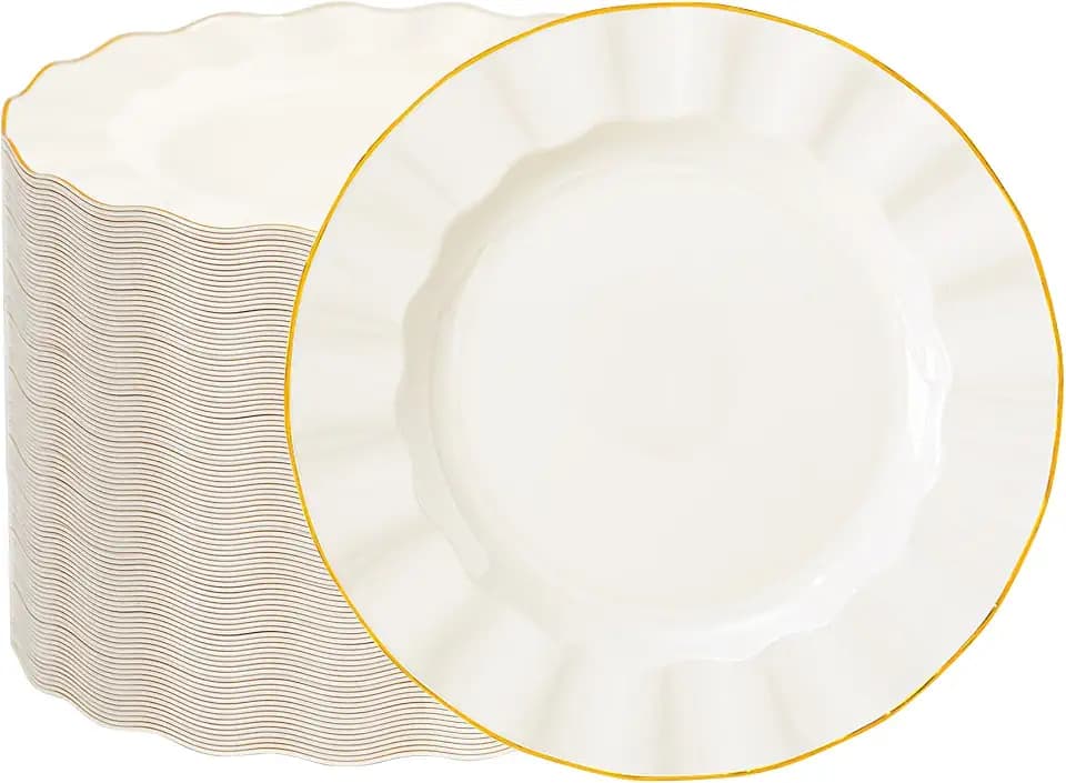 100 Pack Ivory Plastic Plates with Gold Rim, 7in Wave Edge Dessert Plate
