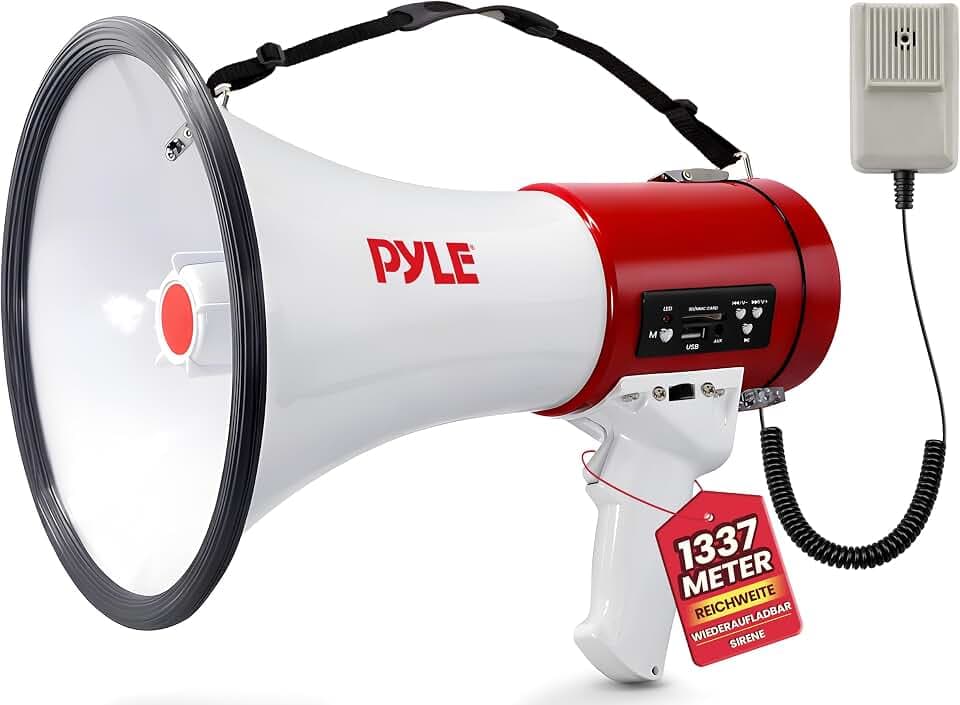 Pyle Megafon 50W mit Sirene und Mikrofon – MP3 USB SD, Wiederaufladbar Akku, Lautsprecher für laute und klare Durchsagen, Fußball, Event, Demo, Kinder und Erwachsene