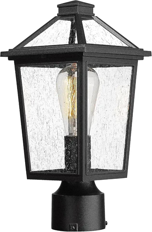 zeyu Farmhouse Outdoor Post Light Fixture, 13.4 Inch Column Lamp Post Lantern for Garden Patio House, Die-Cast Aluminum in Black Finish, Seeded Glass Shade, ZX58P BK