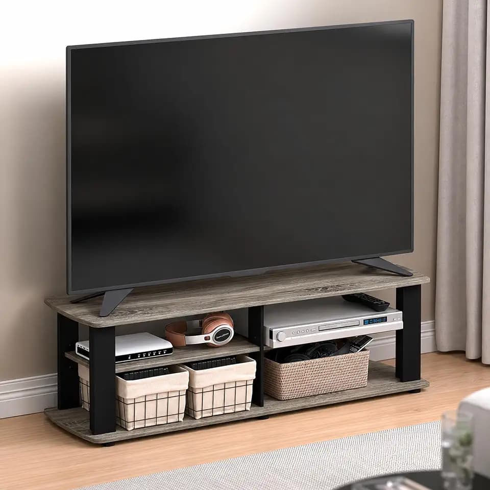 Furinno Turn-N-Tube 3-Tier Grey TV Stand for TV up to 50 Inch, Open Back Entertainment Center, TV Console with Cable Management, for Living Room, Bedroom, Grey Oak