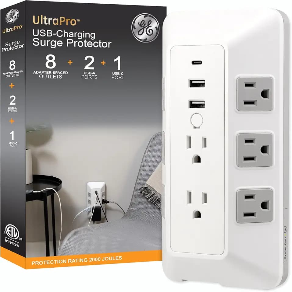 GE 8-Outlet Surge Protector with USB, Outlet Extender, 2 USB-A, 1 USB-C