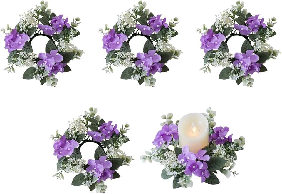 5 Stück 25 cm Kerzenringe Kränze, künstliche Hortensienkranz, Kerzenkränze für Säulen, Weihnachten, Hochzeit, Zuhause, Tischdekoration, Lila