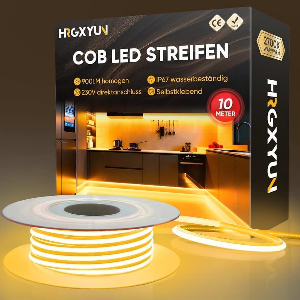 230V COB LED Streifen Aussen, 240 LEDs IP67 Wasserdicht Selbstklebend, Bande LED 900LM Ohne Trafo Flexible Kürzbar für Zimmer und Außen Dekoration Beleuchtung, 2700K Warmweiß, 10m