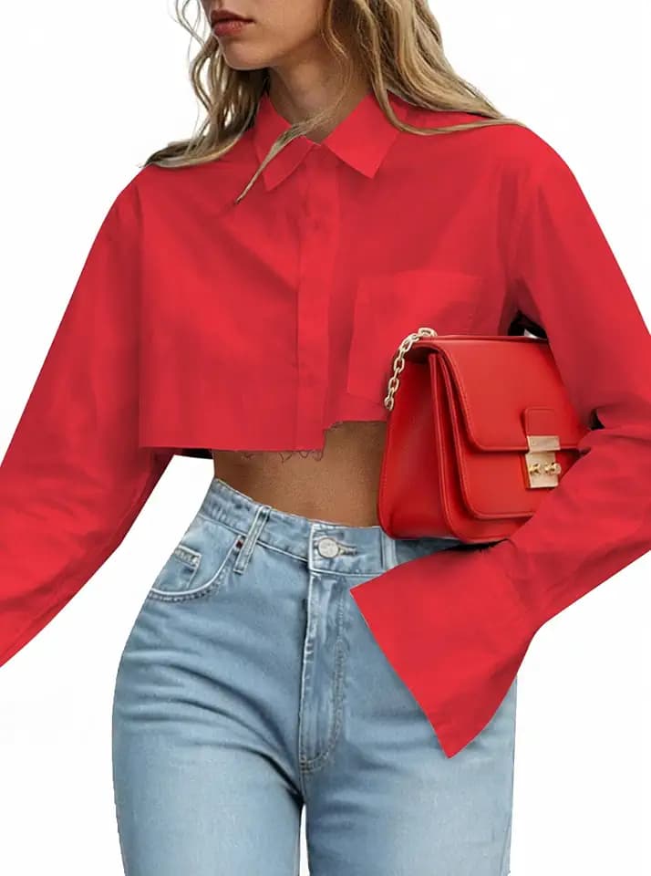 Remidoo Women's Cropped Button Down Shirt Asymmetrical Long Sleeve Top