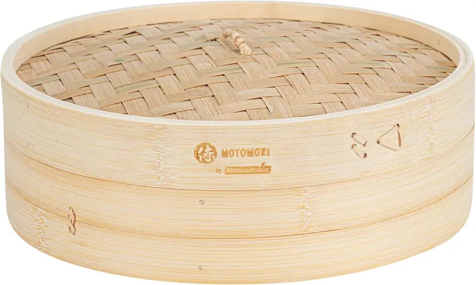 Restaurantware-Motomori 12 Inch Bamboo Steamer Set, 1 Reusable Dumpling Steamer - Includes 1 Lid And 1 Tier, Durable, Bamboo Asian Basket, For Steaming Vegetable, Meat, And More