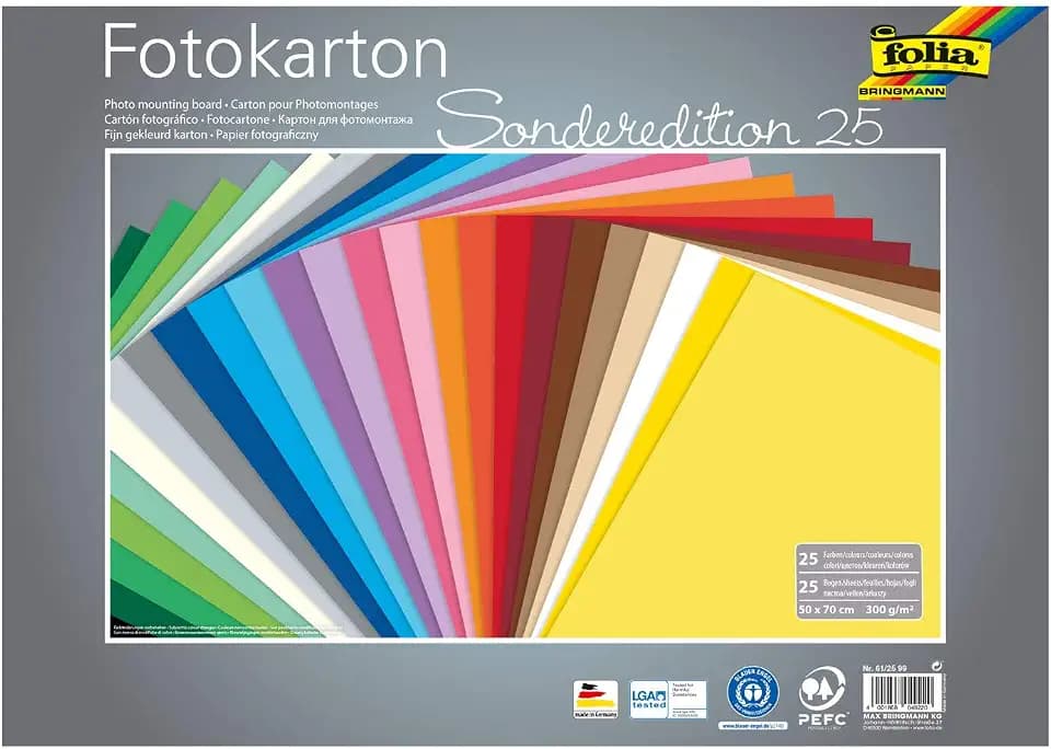 folia 61/25 99 - Fotokarton Mix 50 x 70 cm, 300 g/qm, 25 Bogen sortiert in 25 Farben - ideale Grundlage für zahlreiche Bastelideen