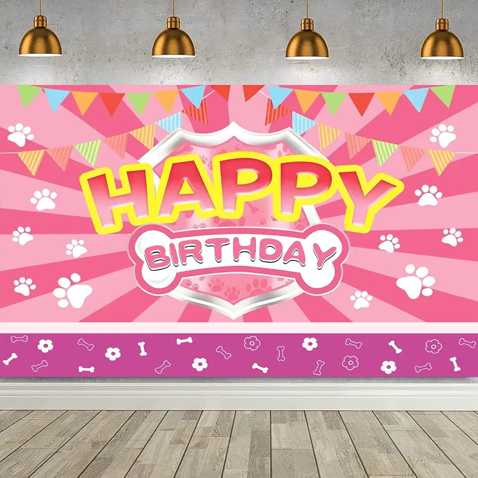 Happy Birthday Banner Pink Paw Prints Backdrop for Girl Birthday Party