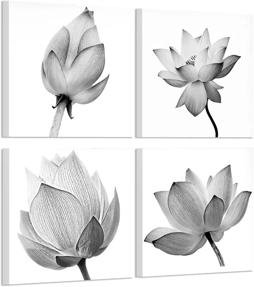 VVOVV Wall Decor - 4 Panels Flowers Artwork Black and White Elegant Floral Canvas Art Print Blooming Lotus Picture Framed Water Lily Wall Art Painting Home Decor for Bedroom