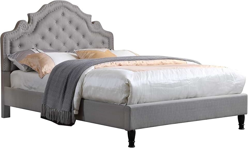 HomeLife Premiere Classics 51" Tall Platform Bed with Cloth Headboard and Slats - King (Light Grey Linen)