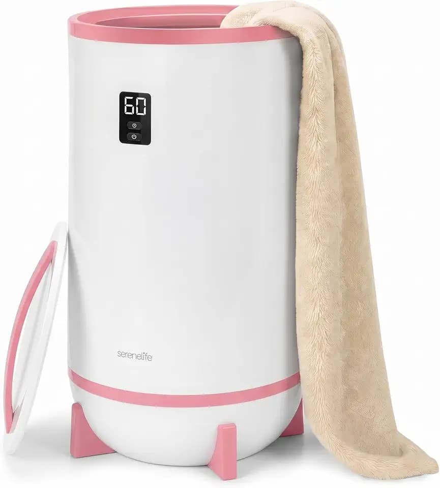 SereneLife Towel and Blanket Warmer - Single Touch Portable Towel Heater for Bathroom, Fragrant Disc Holder, LED Ring, 2 Large Towel Capacity, Built-in Timer (15-60 mins), Auto Shut-Off (Pink)