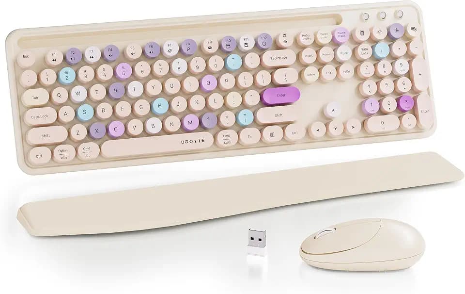 UBOTIE Wireless Keyboard and Mouse Combo, Phone Holder (Khaki)
