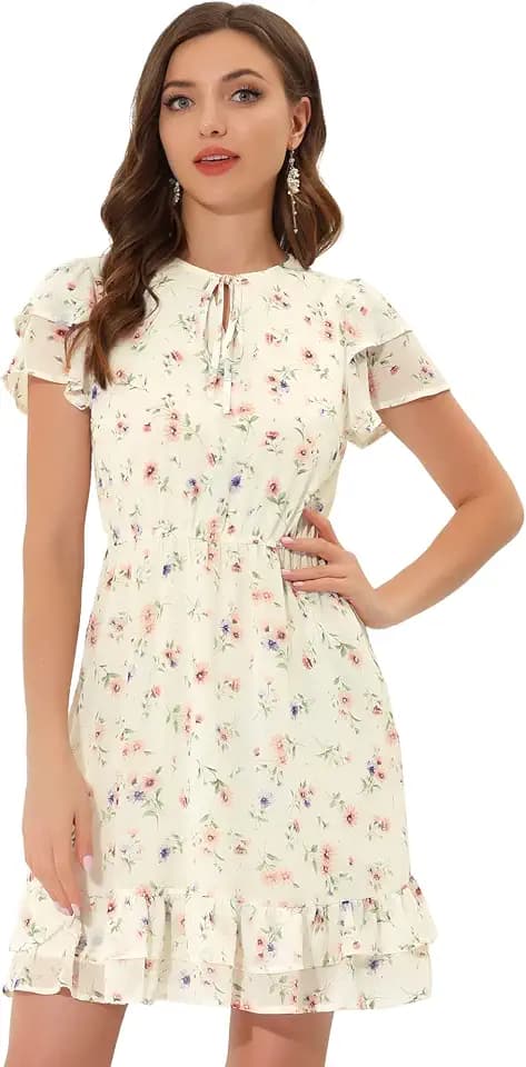 Allegra K Women Ruffle Sleeve A Line Flowy Floral Mini Chiffon Dress