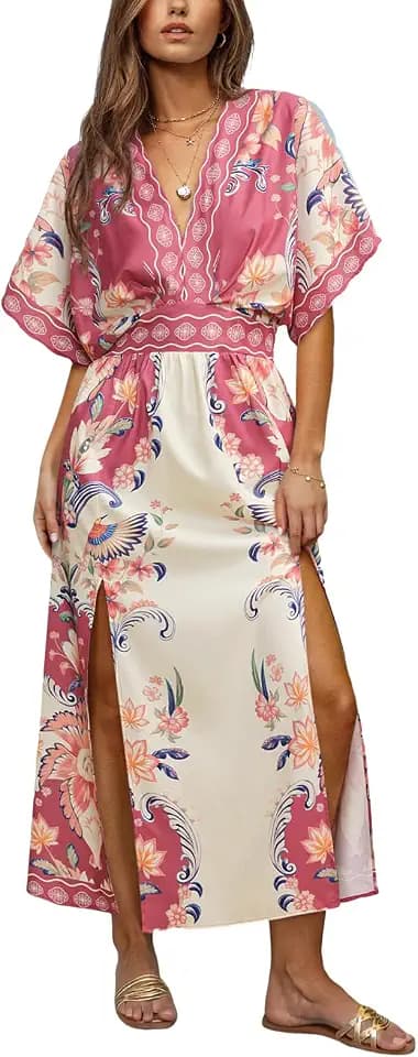 CUPSHE Women's Tropical Floral Deep V-Neck Slit Hem Maxi Dress