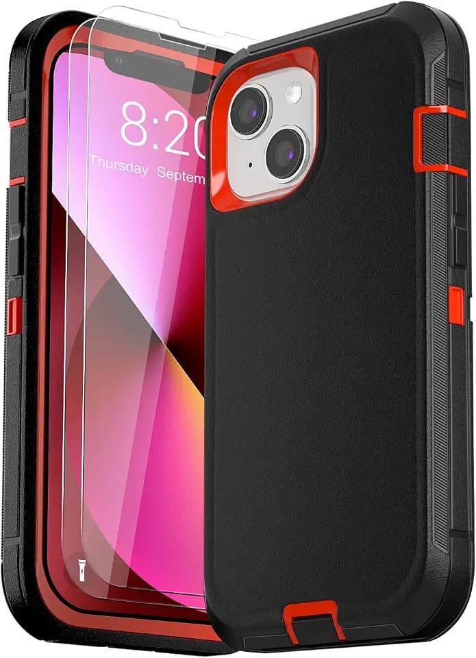 for iPhone 13 Case (6.1"), with 2 Tempered Glass Screen Protector [Heavy Duty Military-Grade Full Body Drop Protection] Shockproof Tough Durable 6.1 Inch（BlackOrange）