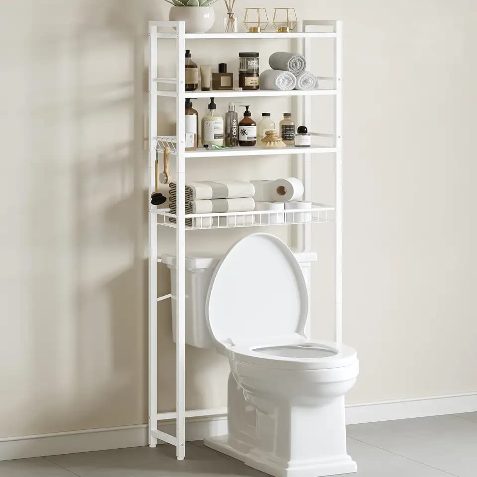 Over The Toilet Storage Shelf, 4-Tier Bathroom Organizer with Basket & Hooks, Sturdy Space Saver for Small Bathrooms, White