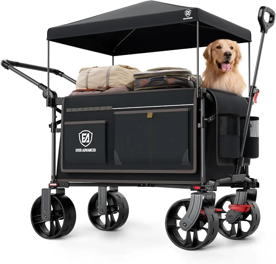 EVER ADVANCED XXL Bollerwagen faltbar 225L bis 150kg mit Bremse Dach Handwagen schieben&ziehen klappbar Strandwagen 20 * 8cm breite Räder Faltwagen für Camping Strand Einkauf Tier Schwarz Groß