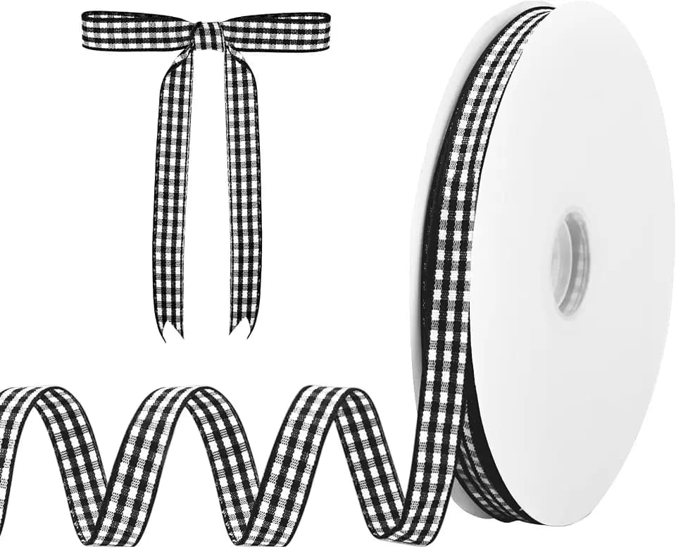 Dynoro Black and White Gingham Ribbon, 3/8IN x 50Yd - Elegant Thin Black Checkered Ribbon for Christmas Gift Wrapping, DIY Crafts and Hair Accessories, Polyester Woven Edge for a Classic Touch