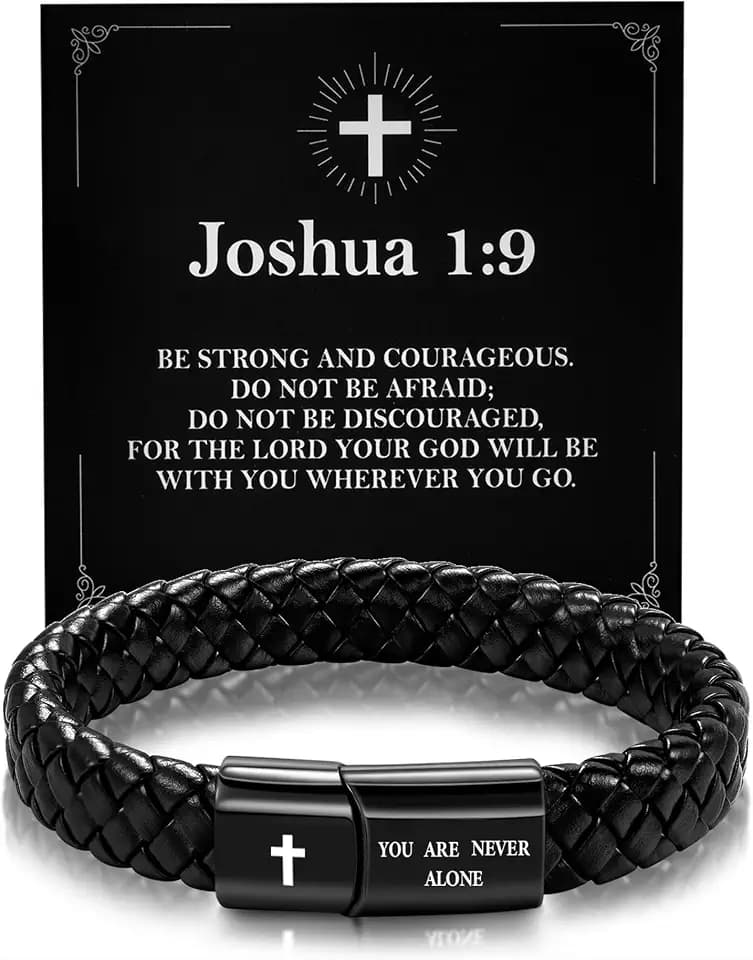 Black Braided Leather Bracelet for Men, Bible Verse Inspirational Christian Religious Bracelet for Man Dad Husband Boyfriend Grandson Son Birthday Baptism Easter Gifts
