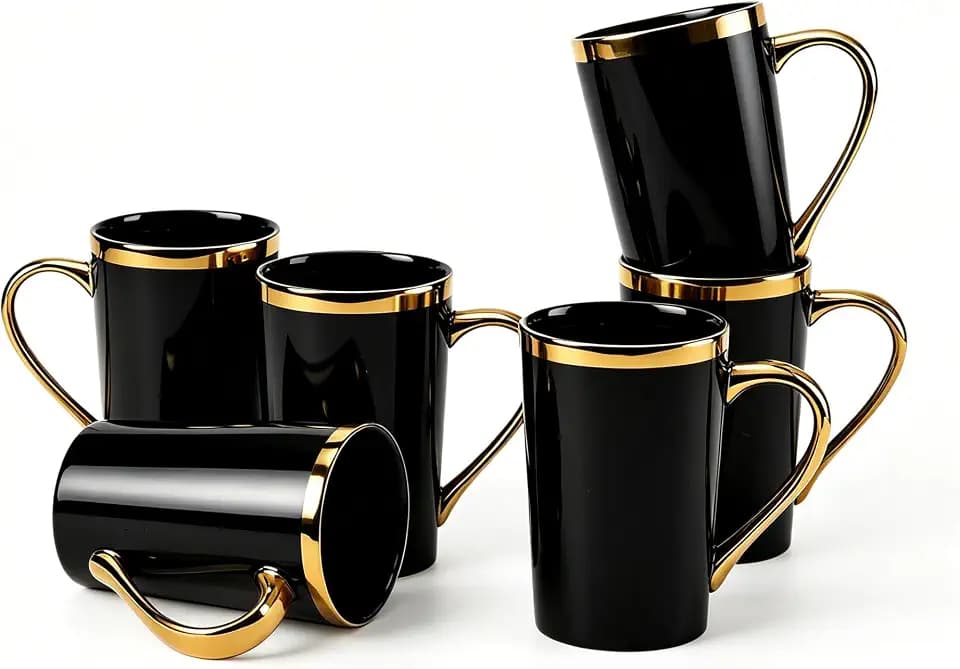 Black Gold Coffee Mugs Set of 6, 12 oz Porcelain