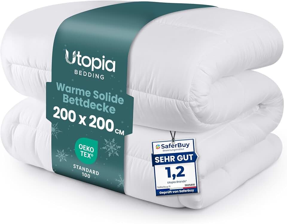 Utopia Bedding Bettdecke 200 x 200 cm, Ganzjahresdecke 370 GSM Füllung, atmungsaktive Schlafdecke, Steppdecke, Super Weiche Kuschelige (Weiß)