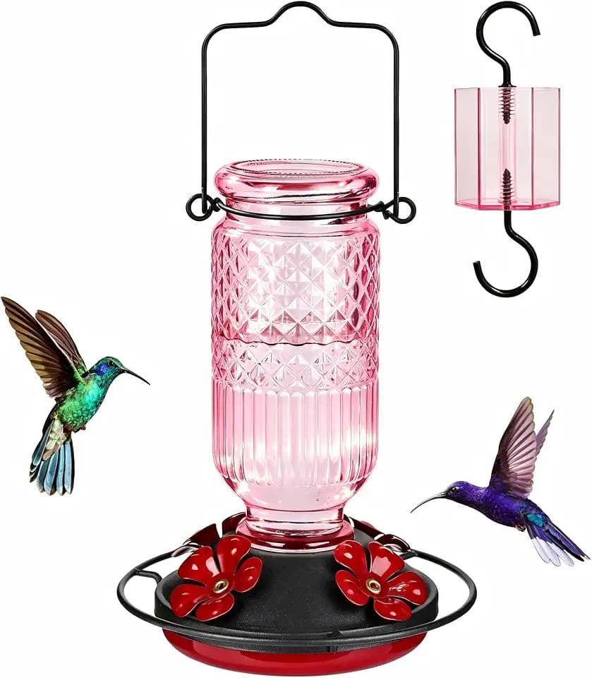 FEED GARDEN Glass Hummingbird Feeders for Outdoors, 16 OZ Pink Hummingbird Feeder with 4 Bee Guard Feeding Ports & Built-in Ant Moat, Humming Bird Feeder, Gifts for Women Mom,1 Pack