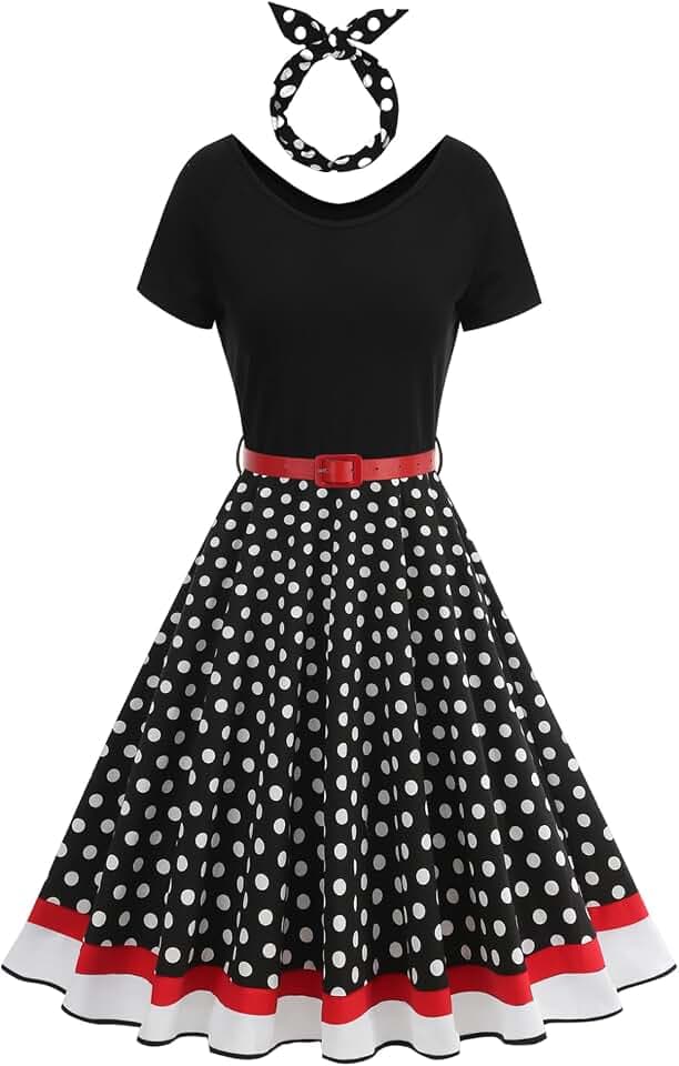 50s Style Dresses for Women Vintage Short Sleeve Round Neck Swing Midi Prom Belt Dress with Bow Headband