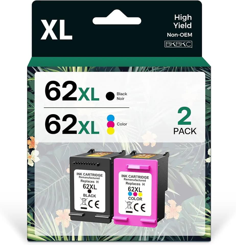 BKBKC Compatible 62XL Ink Cartridge Replacement for HP Envy 5540 5549 5640 5660 7640 OfficeJet Mobile 250 200 OfficeJet 5740 5741 8040, Black, Tri-Color, 2-Pack