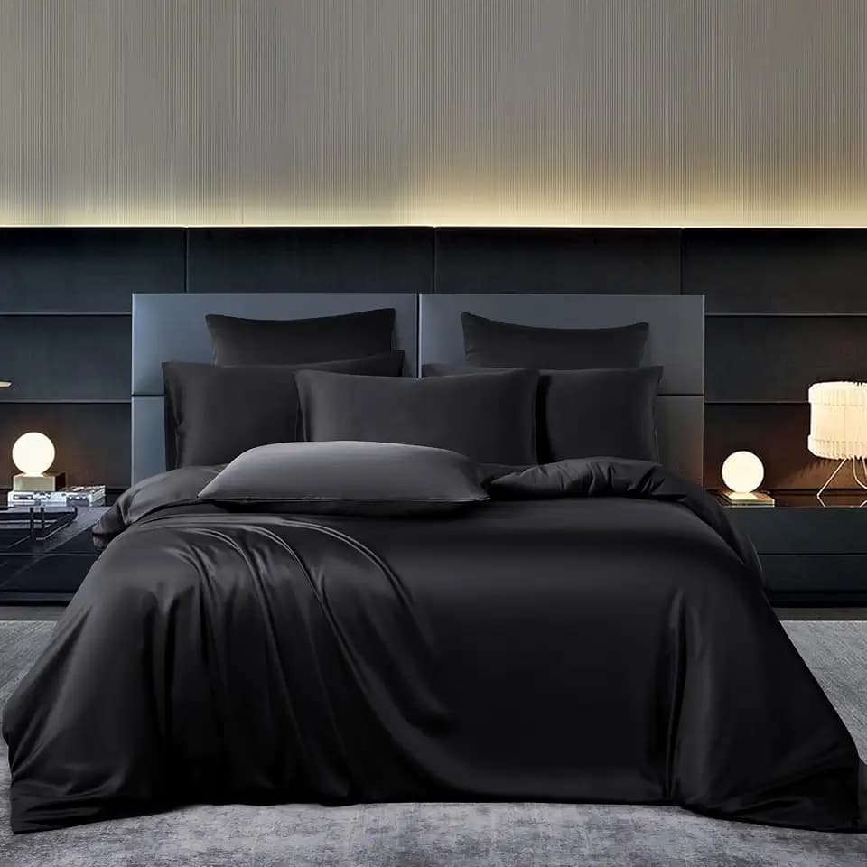 Bambus Bettwäsche 220x240 Schwarz Uni Einfarbig 50% Bambus Lyocell Bettwäsche Kühlend Atmungsaktiv Luxus Seidig Seide Bettbezug Set 3 Teilig mit Reißverschluss und 2 Kissenbezüge 80x80 cm