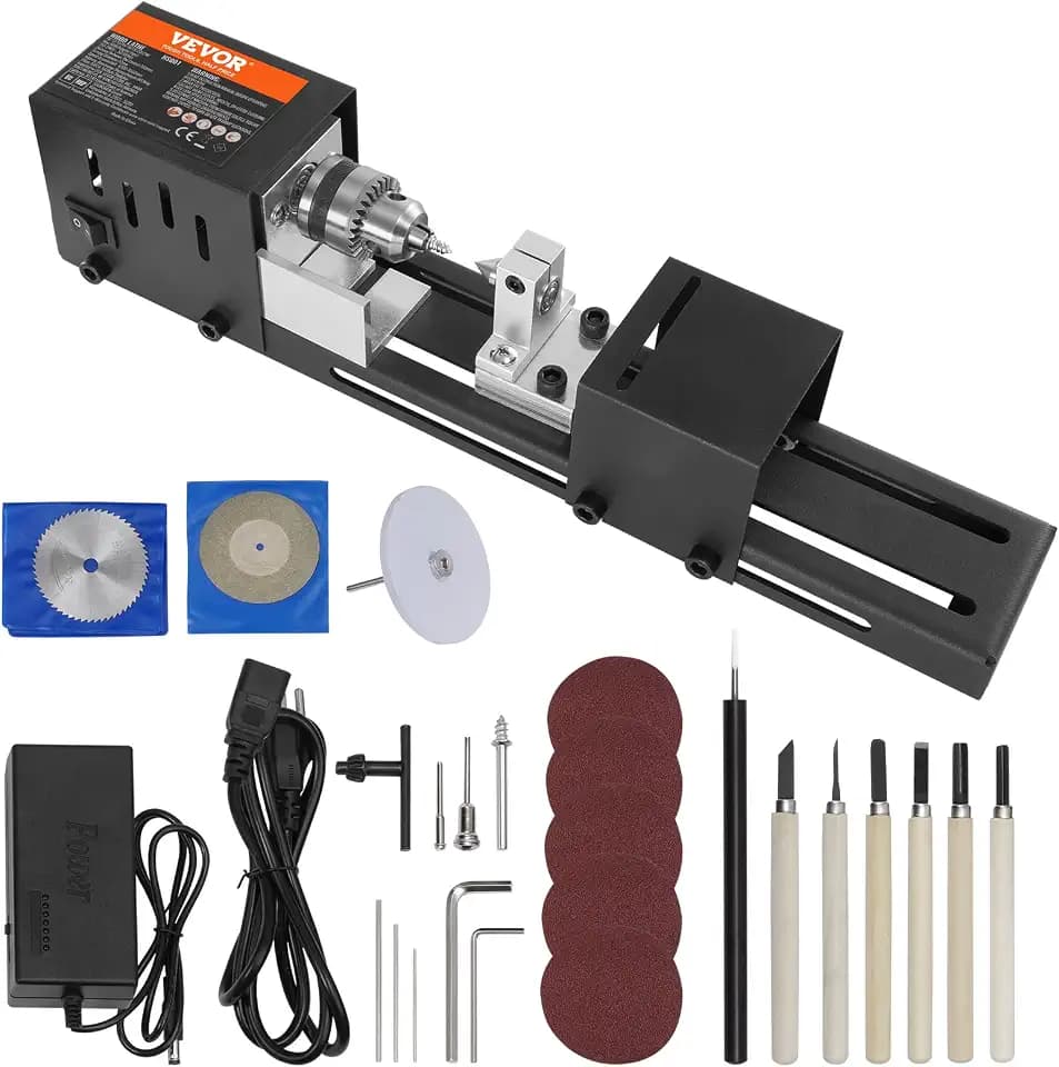 VEVOR Mini Drehbank 96W Drechselbank Max. Drehdurchmesser 70mm Drechselmaschine Spindeldrehzahl 4250–8500U/min Kopierdrechselbank mit 7-Gang-Einstellung Drehbank mit komplettem Zubehör