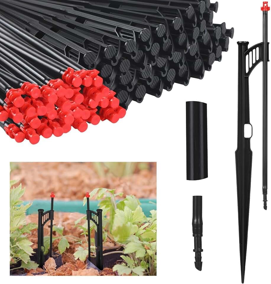 50 Pcs 12.8 Inch Drip Irrigation Stakes with 360 Degree Sprayer Emitters and Sprinkler Extension Riser for 1/4 Inch Drip Tubing Micro Sprinkler Heads Stakes for Garden Watering System, Red