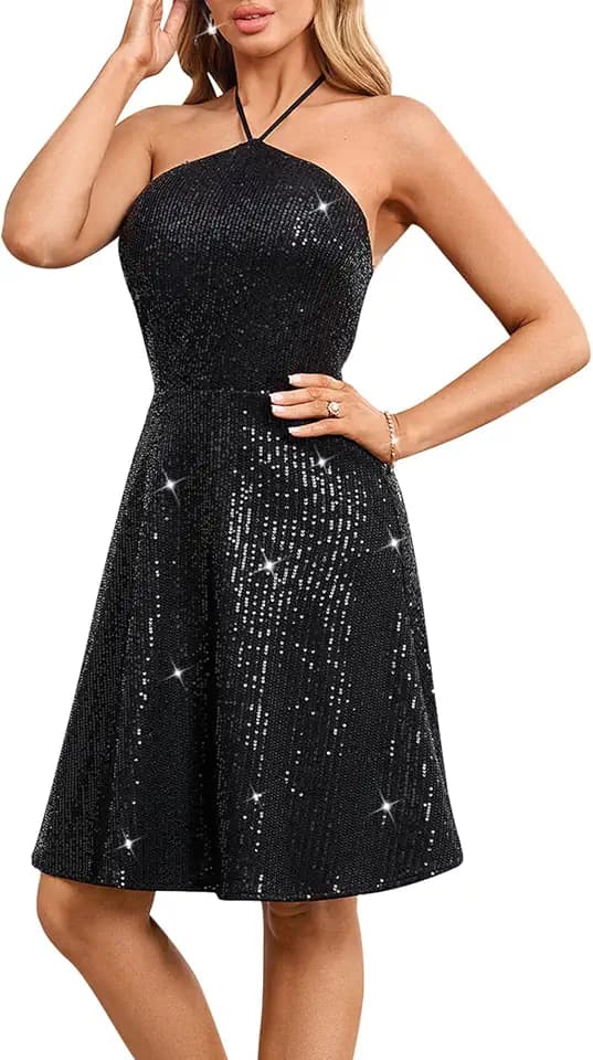 dasmzper Women’s Halter Sequin Cocktail Dress – Sparkly A-Line Short Party Dress for Club, Semi Formal Events